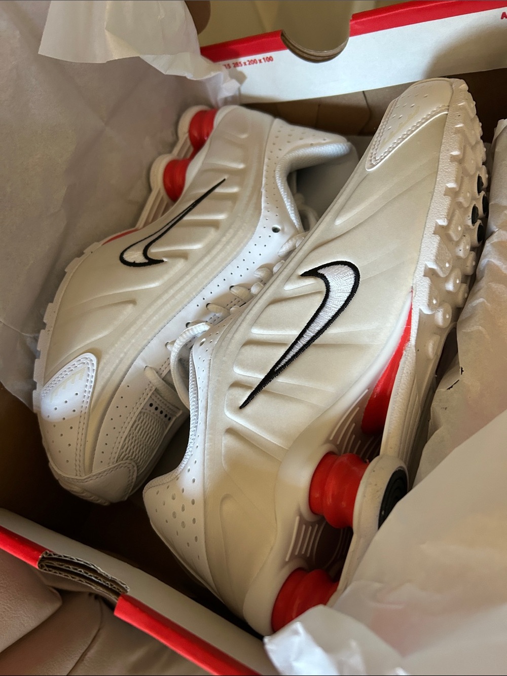 Nike Shox R4 White Sneakers with Black and Red Accents